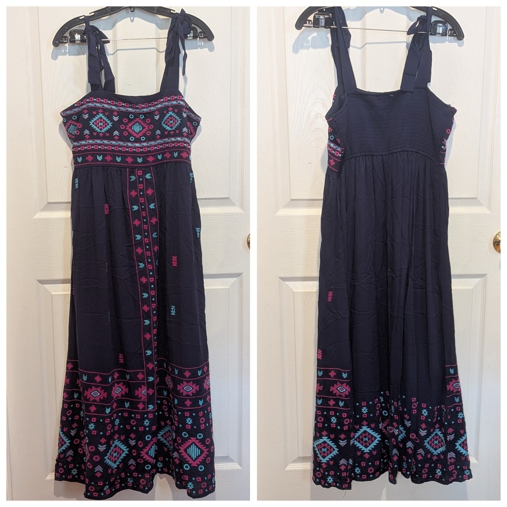 Boho Southwest Embroidered Maxi Dress Tie Strap Navy Savanna Jane L - Picture 2 of 9